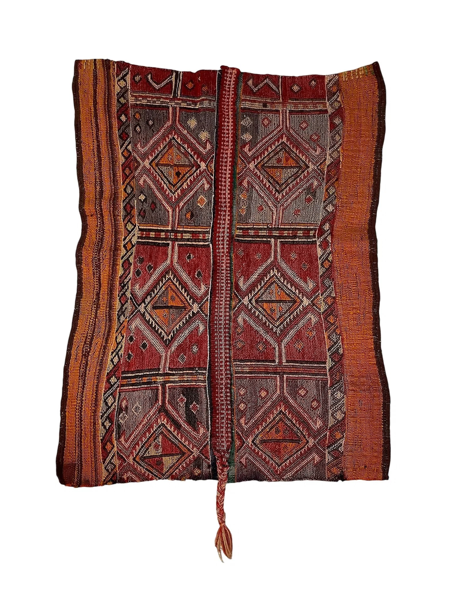 Woven Wool SADDLE Blanket / pillow or Small Rug: 2'3" x 2'11": Woven Wool Saddle Bag or Small RugPossibly this was a kilim saddle blanket or similar. Could be used as a decorative wall hanging.Size: 27" x 35"Beautiful wool middle eastern saddle bag was used for a