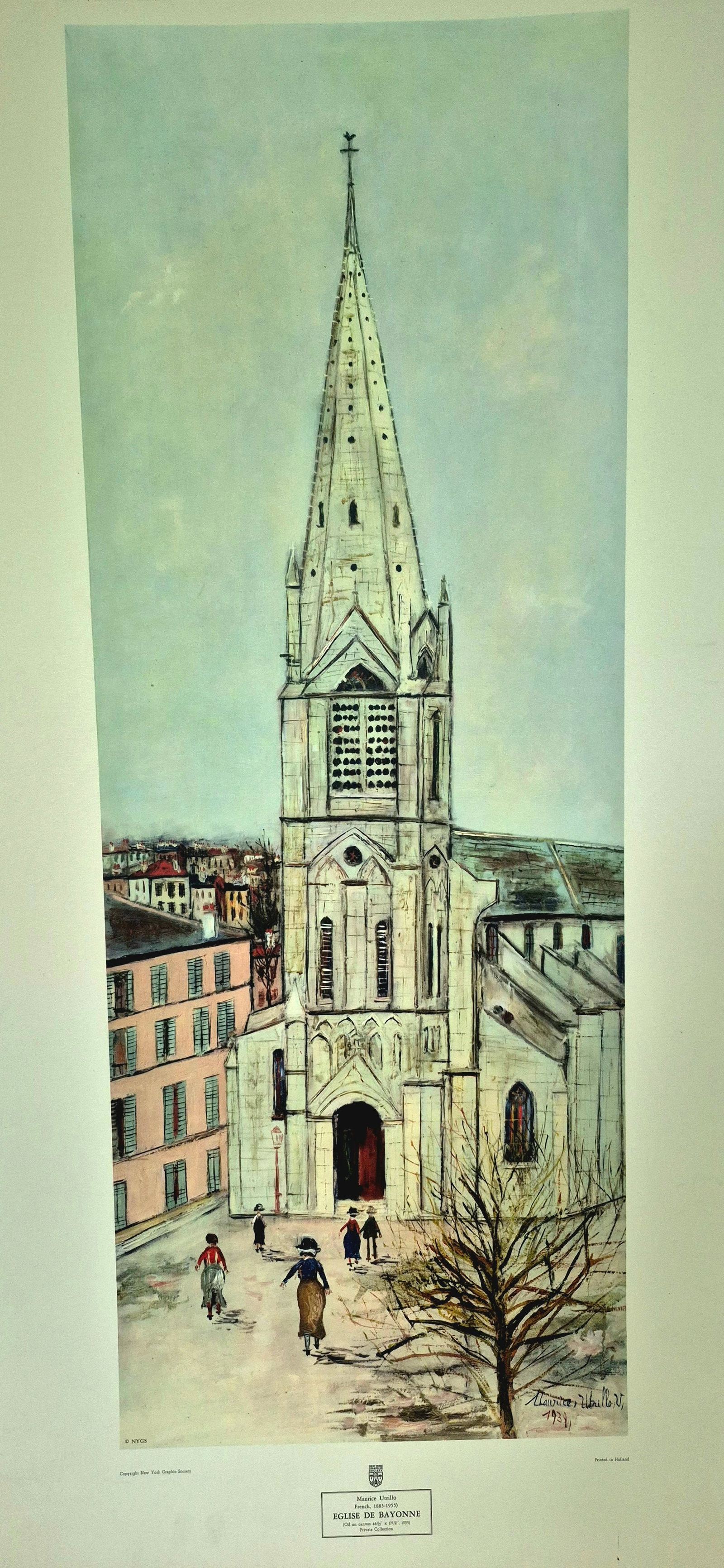 Eglise De Bayonne ~ Maurice Utrillo 1939 ~ French Impressionist [38 / 24 ]: Royan by Marurice Utrillo, printed in Holland is a high quality art reproduction that captures iconic architectural style and soft palette depicting the historic church at Royan.NYGraphic Society prin
