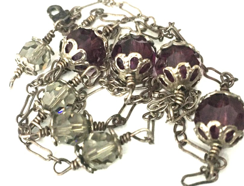 Vtg Necklace MARKED 925 STERLING SILVER Chain Pendant Purple Glass Crystal [7.5g] (1 of 8)