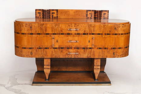 Art Deco Chest of Drawers, 1920s-40s: Art Deco chest of drawers , 2nd quarter of the 20th century. 3 drawers and 2 opening doors. Wood (different veneers of exotic species), handles (bronze, glass), bottom metal strip. Height 120 cm (47