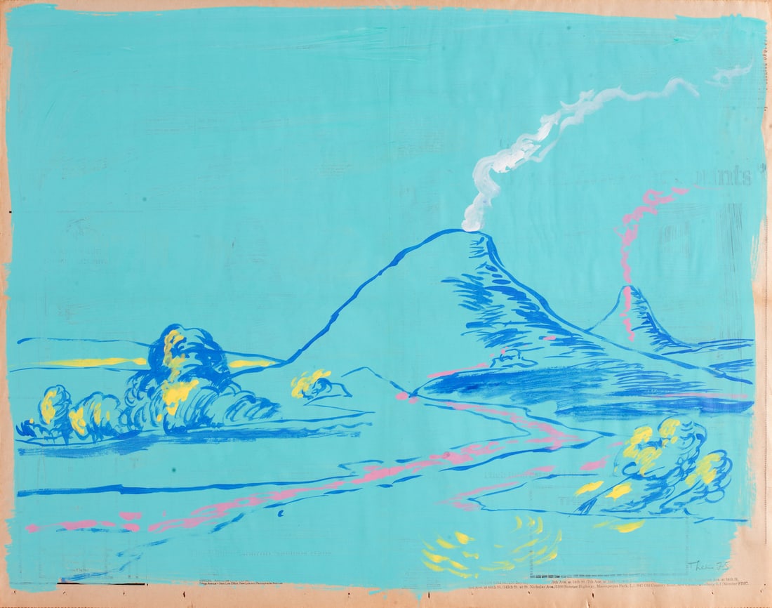 Paul Thek, 1933-1988 (USA-New York): Paul Thek (1933-1988) . Mountains, 1975 . Acrylic on newspaper , size 58,5 x 73 cm (23 x 28 3/4 inches). Signed and dated lower right.