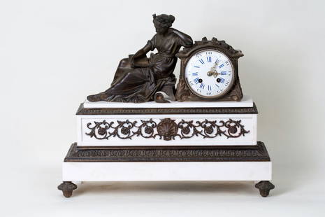 Bronze Mantel Clock, 19th century: Mantel clock, 19th century. Europe, Classicism. Patinated bronze, white marble, and enamel. Height 39 cm (15 1/3 inches), width and depth 45 x 16 cm (17 3/4 x 6 1/3 inches).