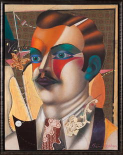 Shimon OKSHTEYN, 1951-2020 (Ukraine/USA): Shimon OKSHTEYN (1951-2020). Victor, 1987. Mixed media on canvas (oil painting, pastel, lace and button, decorative paper applique), size 61 x 46 cm (24 x 18 inches). Frame dimensions 65 x 50 cm (25 2