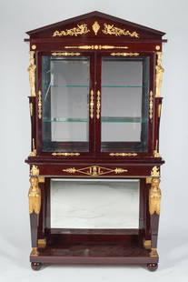 Empire Display Cabinet, 19th century: Desk cabinet, 2nd quarter of the 19th century. Empire. Mahogany wood, root veneer, and gilding. Bronze casting with a combination of matte and polished gilding. The cabinet features a pull-out drawer