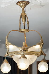 Art Deco Bronze Chandelier, early 20th century: In the manner of Albert Cheuret, early 20th century, Europe. Art Deco, Modern. Bronze and carved glass, size 97 x 66 cm (38 1/4 x 26 inches).