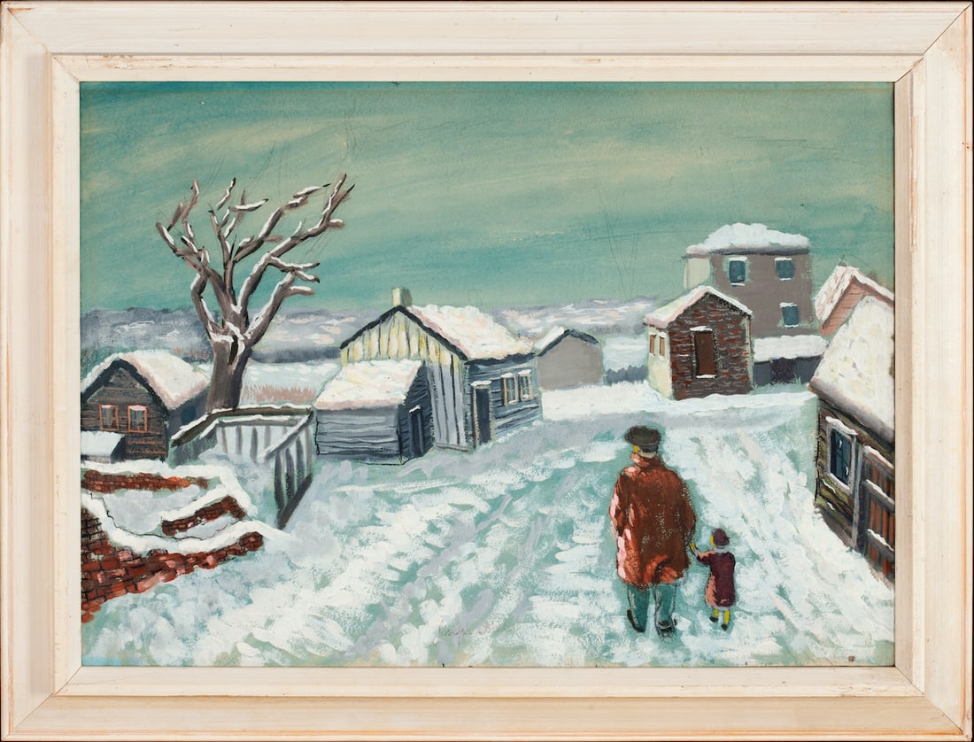 Joseph Biel, 1891-1943 (Belarus/France/Australia/USA): Joseph Biel (1891-1943). Winter Stroll, circa 1930-40s. Oil, tempera on canvasboard, size 37 x 50 cm (14 1/2 x 19 2/3 inches), frame dimensions 45 x 58 cm (17 3/4 x 22 3/4 inches). Signed at the botto