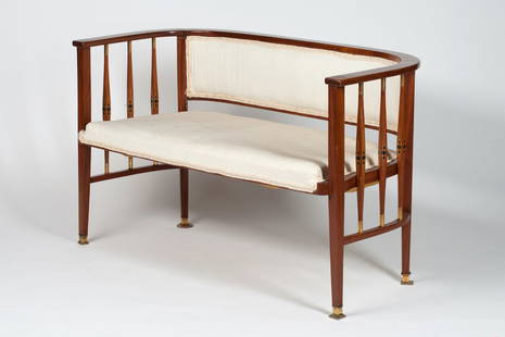 Modern Sofa, early 20th century. Wood, Brass: Modern sofa, early 20th century. Mahogany wood, adorned with rhomboid inlays of other woods. Features balusters and legs with elements of gilt brass. Height 75 cm (29 1/2 inches), width and depth 126