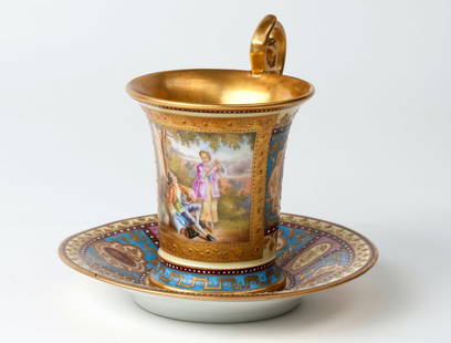 Porcelain Cup with Saucer, 19th century (Austria): Teacup with saucer from the Royal Vienna Porcelain Manufactory, 19th century (Vienna, Austria). Porcelain painting. Height 11 cm (4 1/3 inches), saucer diameter 13 cm (5 inches). Hallmarks.