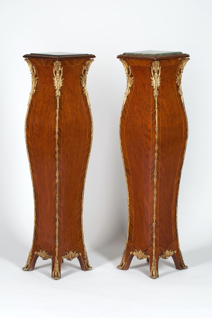 Pair of Pedestal Stands, 20th century. Wood, Bronze