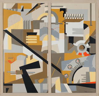 Esphyr Slobodkina, 1908-2002 (Russia/USA): Esphyr Slobodkina (1908-2002). Diptych, Abstraction, 1985. Oil on masonite, total size 91 x 93 cm (35 3/4 x 36 2/3 inches), each size 86 x 43,5 cm (34 x 17 inches). Frame dimensions 88,5 x 130 cm (34