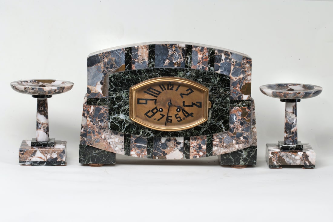 Art Deco Clock with Two Vases, early 20th century