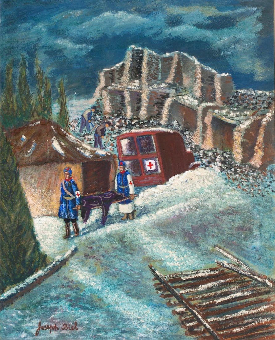 Joseph Biel, 1891-1943 (Belarus/France/Australia/USA): Joseph Biel (1891-1943). From the Ruins, early 1940s. Oil and tempera on canvasboard, size 48,5 x 38 cm (19 x 15 inches), frame dimensions 72 x 57 cm (28 1/3 x 22 1/2 inches). Signed lower right, insc