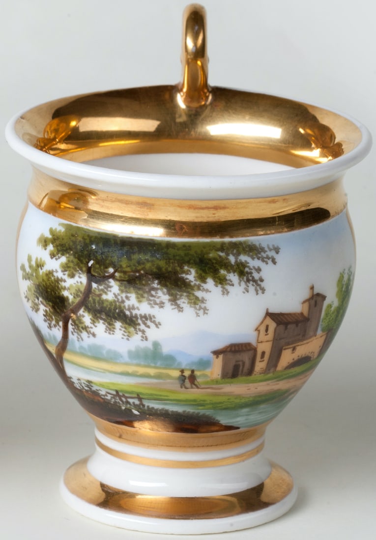 A Pair of Cups with Saucers, Polychrome Painting.