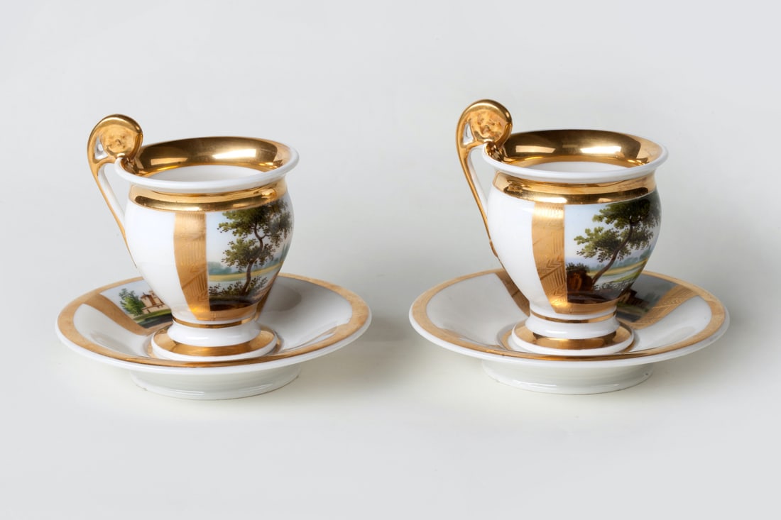 A Pair of Cups with Saucers, Polychrome Painting.