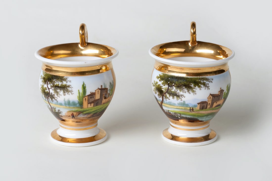 A Pair of Cups with Saucers, Polychrome Painting.