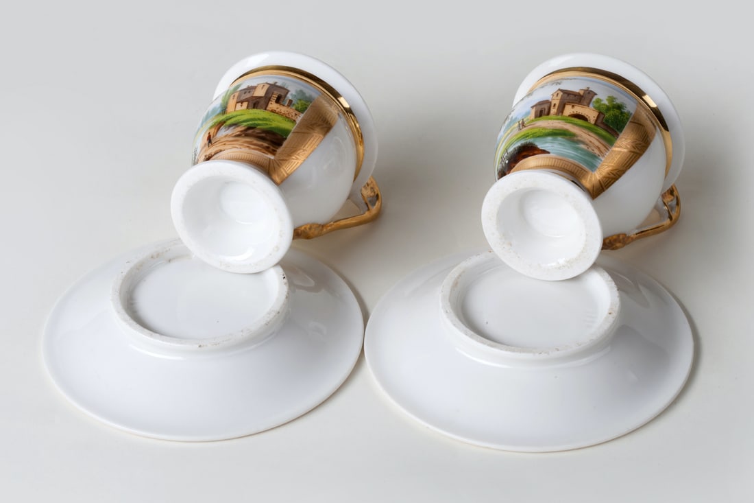 A Pair of Cups with Saucers, Polychrome Painting.