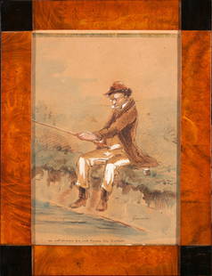 Paul Gavarni, 1804-1866 (France): Paul Gavarni (1804-1866). “Man Fishing”. The mid-19th century. Watercolour on paper, under glass, size 28,5 x 19,5 cm (11 1/4 x 7 2/3 inches). Frame dimensions 36,5 x 27 cm (14 1/3 x 10 2/3 in