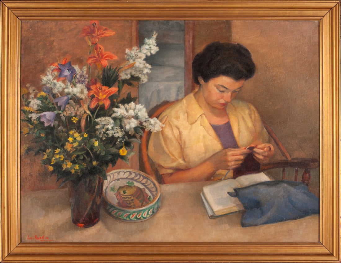 Joseph Raskin, 1897-1981 (Russia/America): Joseph Raskin (1897-1981). Edith Darning. 1930s. Oil on canvas, size 75 x 101 cm (29 1/2 x 39 3/4 inches), frame dimensions 87 x 112 cm (34 1/4 x 44 inches) Signed lower left. Exhibition: New York. Tr