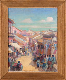 Carl W. Brandien, 1886-1965 (USA): Carl W. Brandien (1886-1965).Soochow, China.30. 1930. Oil on canvas on cardboard, size 40 x 30 cm (15 3/4 inches x 11 3/4 inches). Frame dimensions 49 x 39 cm (19 1/3 inches x 15 1/3 inches). Signed