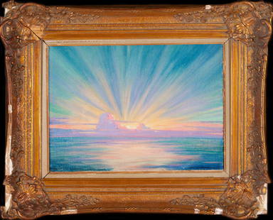 Carl W. Brandien, 1886-1965 (USA): Carl W. Brandien (1886-1965).Sunset at Equator Near Java. 1930. Oil on canvas on cardboard, size 30 x 40 cm (11 2/3 inches x 15 3/4 inches). Frame dimensions 49 x 59 cm (19 1/3 inches x 22 1/4