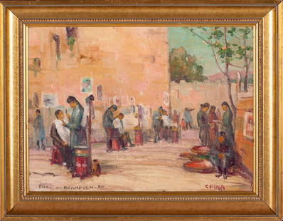 Carl W. Brandien, 1886-1965 (USA): Carl W. Brandien (1886-1965).Street barbershop. China. 1930. Oil on canvas on cardboard, size 23 x 31 cm (9 inches x 12 1/4 inches). Frame dimensions 29 x 37 cm (11 2/3 inches x 14 1/2 inches).