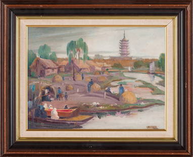 Carl W. Brandien, 1886-1965 (USA): Carl W. Brandien (1886-1965).Soochow, China. 1930. Oil on canvas on cardboard, size 30 x 40 cm (11 3/4 inches x 15 3/4 inches). Frame dimensions 44 x 54 cm (17 1/3 inches x 21 1/4 inches). Signed