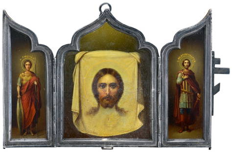 Russian Icon. Silver.: Three-leaf icon. Russia. Early 20th century Silver frame of 84 assay, size 8 x 6 cm (3 1/4 inches x 2 1/3 inches).