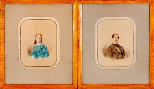 Couple. Portraits. Watercolour, early 19th century: A pair of portraits.Early 19th century. Watercolour on cardboard, size 27 x 22 cm (10 2/3 inches x 8 2/3 inches). Frame dimensions 40,5 x 35,5 cm (16 x 65 3/4 inches), image dimensions 21 x 16 cm (8