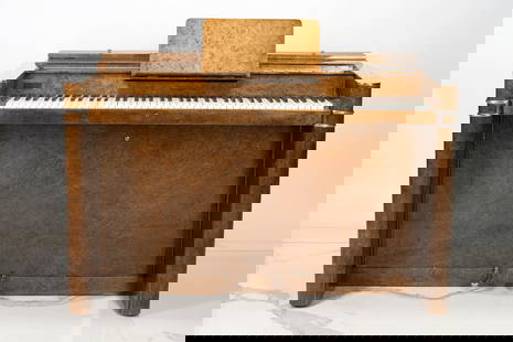 Art Deco Mini Piano , 20 th century (Amsterdam): A miniature piano, 1st half of the 20th century. Art Deco, Amsterdam. The case is adorned with metal inlays. Height 91 cm (35 3/4 inches), width and depth 142 x 47 cm (56 x 18 1/2 inches).