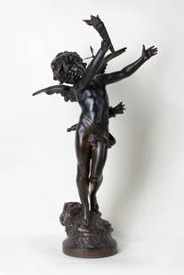 Auguste Moreau, 1834-1917 (France): Auguste Moreau (1834-1917). Amor. Metal and patina. Height 72 cm (28 1/3 inches), diameter of the base 17 cm (6 2/3 inches). Signed on the base.