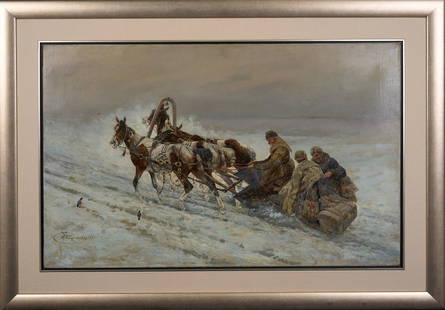 Nikolai Sverchkov, 1817-1898 (Russia): Nikolai Egorovich Sverchkov (1817-1898).Winter Landscape with Troika. 1884. Oil on canvas, size 65 x 104 cm (25 2/3 x 41 inches). Frame dimensions 91 x 130 cm (35 3/4 x 51 1/4 inches). Signed and