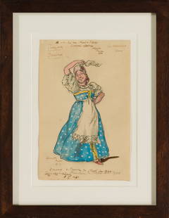 Alexandre Benois, 1870-1960 (Russia/France): Alexandre Nikolaevich Benois (1870-1960). Sketch of a costume for the opera Petrushka. 1957. Mixed media on paper, size 24 x 15,4 cm (9 1/2 x 6 inches). Frame dimensions 37 x 29 cm (14 1/2 x 11 1/3 in