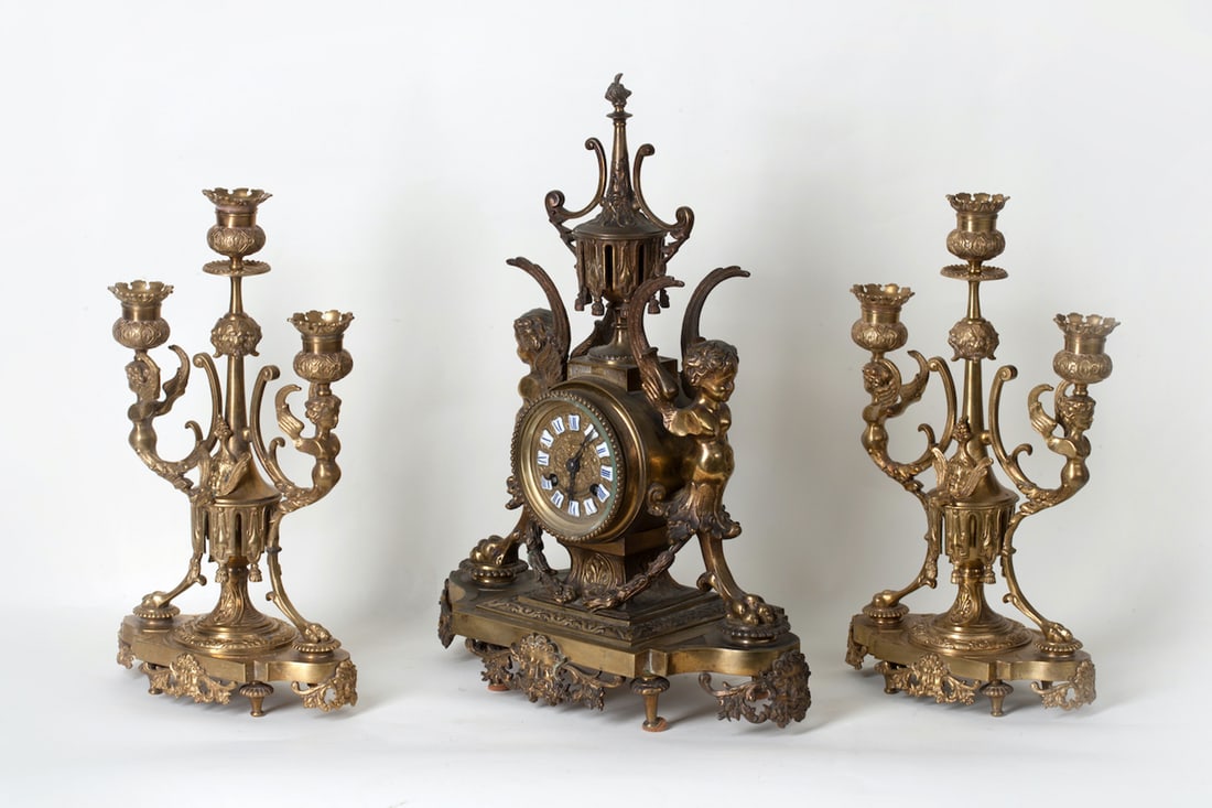 Gothic Clock with a Pair of Candelabra, 19th century