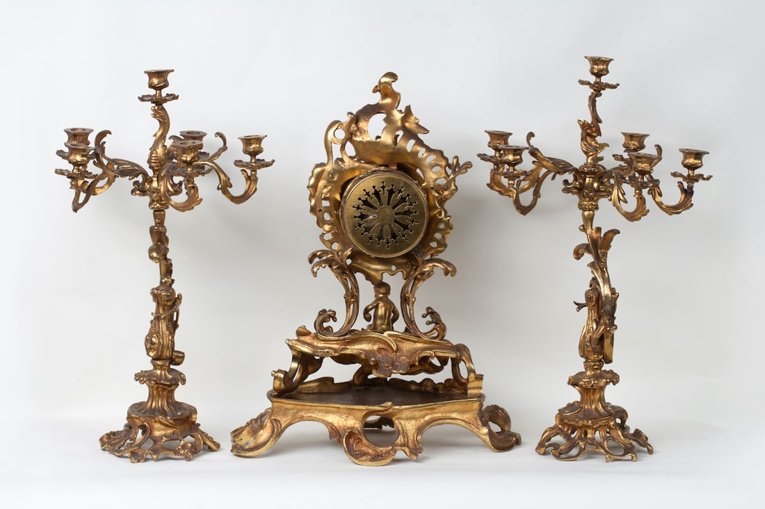 Clock with a Pair of Candelabra, Bronze, Rococo