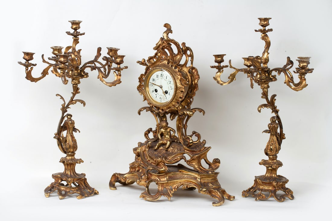 Clock with a Pair of Candelabra, Bronze, Rococo