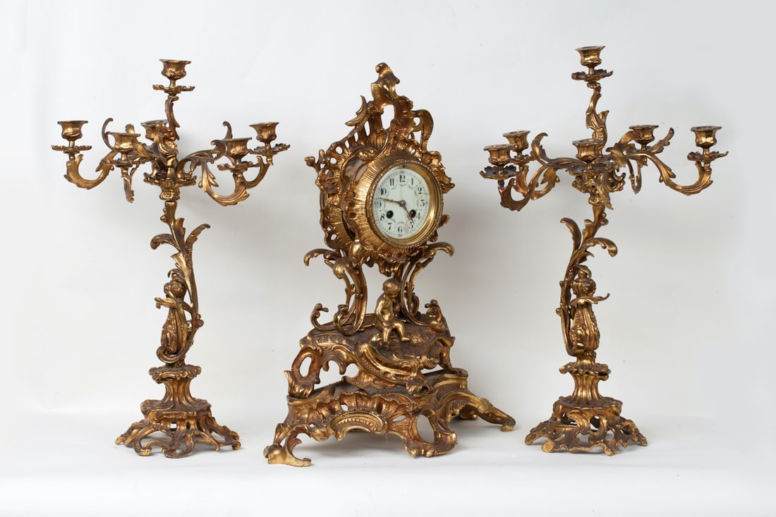 Clock with a Pair of Candelabra, Bronze, Rococo