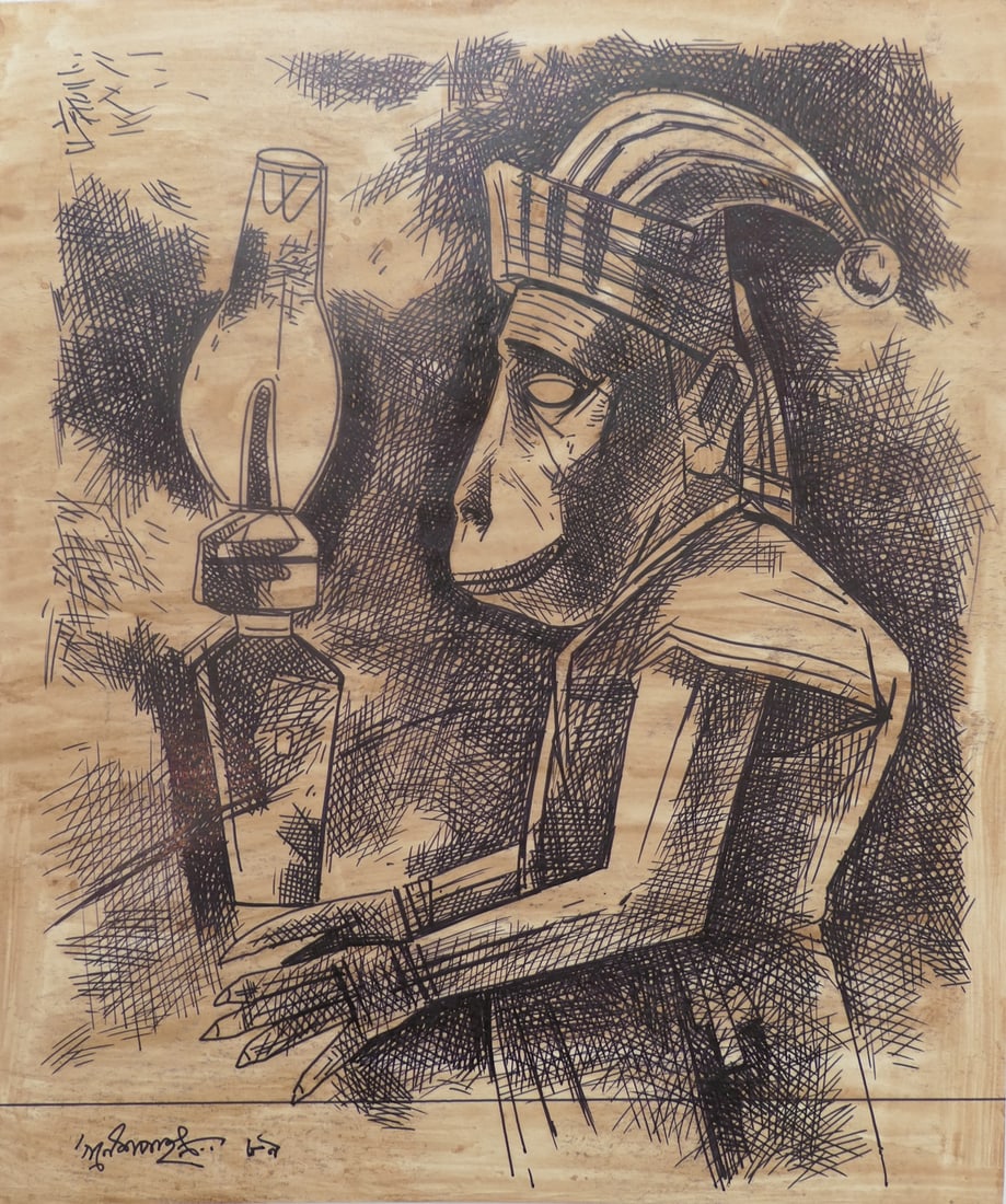 Ganesh Pyne, 1937-2013 (India): Ganesh Pyne (1937-2013), India. Bengal school. 1989. Paper, ink, size 28 x 23 cm (11 x 9 inches). Frame dimensions 89 x 78 ?m (35 x 30 2/3 inches). Signed lower left. Last 4 photos are expert reports.