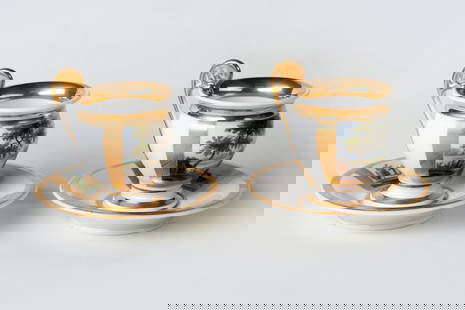 A Pair of Cups with Saucers, Polychrome Painting.: A pair of cups with saucers. Europe, 19-20 century.Polychrome painting gilding. Height 9,5 cm (3 3/4 inches). Diameter saucer 13 cm (5 inches).