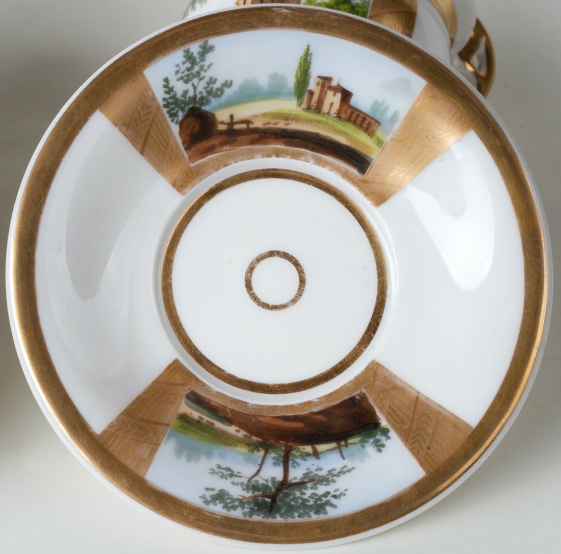 A Pair of Cups with Saucers, Polychrome Painting. A Pair of Cups with Saucers, Polychrome Painting.