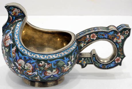 Ladle, Silver and Enamel, 19th c (Russia): Russian silver ladle. 1891. Petr Ovchinnikov. Silver 84, painted enamels, gilding.Weight 780 gr. (Length including handle 22 cm, Width 12 cm)