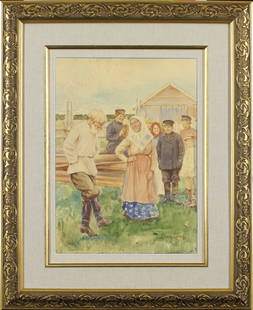 Mikhail Balunin, 1875-1937 (Russia): Mikhail Abramovich Balunin (1875-1937). Rural Dances, early 20th century. Watercolour on paper, size 40 x 29 cm (15 3/4 x 11 1/3 inches). Signed lower right. Framed.