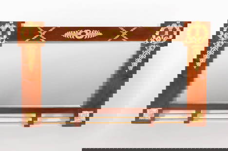 Empire Mirror, Bronze Dore: Empire wall mirror with bronze applications. Wood, various types of veneer, gilded bronze. Dimensions 72 x 103 cm (28 1/3 x 40 1/2 inches). Glass with fascia all around the perimeter.