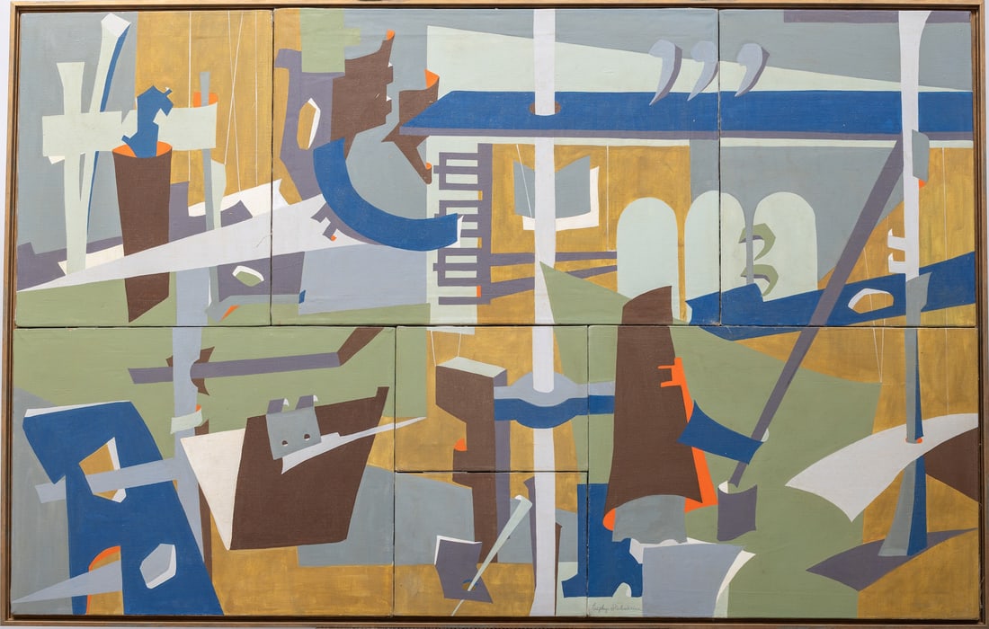 Esphyr Slobodkina, 1908-2002 (Russia/USA): Esphyr Slobodkina (1908-2002). MONUMENTAL WORK. 1978. The artwork is a composite of seven separate parts. Oil on canvas, dimensions: overall 97 x 152 cm (38 1/4 x 60 inches), frame dimensions: 100 x 1