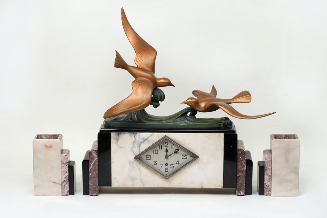 Art Deco Clock with Two Vases, early 20th century