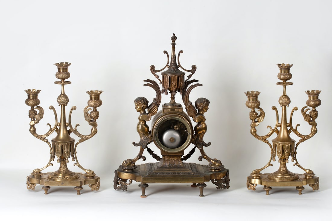 Gothic Clock with a Pair of Candelabra, 19th century