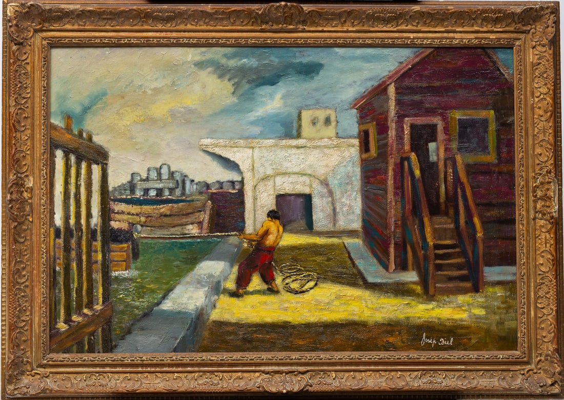 Joseph Biel, 1891-1943 (Poland/USA): Joseph Biel (1891-1943) Russia/Belarus/Poland/France/Australia/USA Worker at the port, c.1920-30s Oil on canvas, size 51 x 76 cm (20 x 30 inches) Frame dimensions 65 x 90 cm (25 2/3 x 35 1/2 inches) S