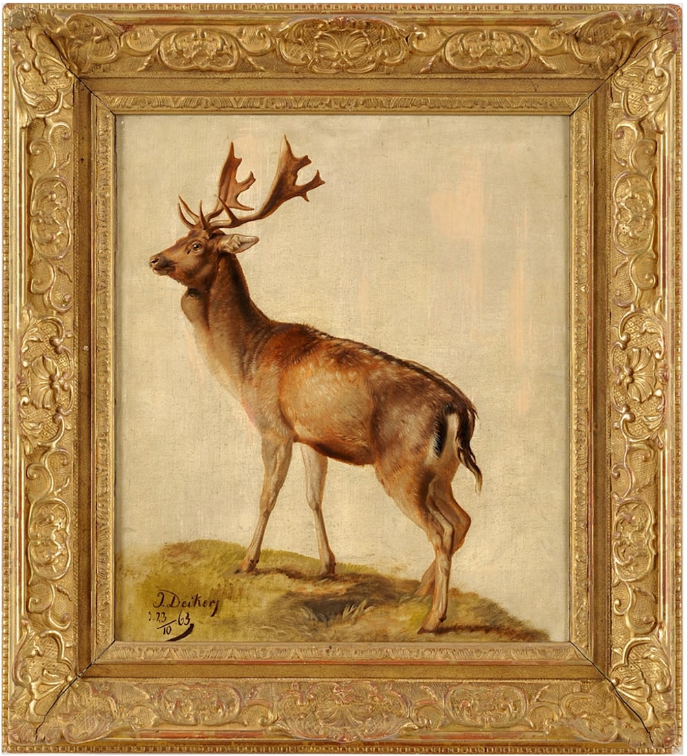 Johannes Christian Deiker, 1822-1895 (Germany): Johannes Christian Deiker (1822-1895) A deer, 1863 Oil on canvas, size 60 x 50 cm (23 2/3 x 19 2/3 inches) Signed and dated lower left