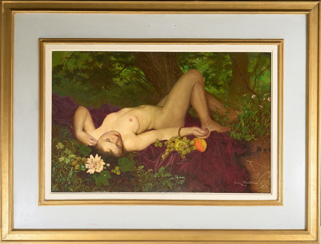 Irene Klestova, 1908-1989 (Russia/Italy/France): Irene Klestova (1908-1989). Reclining Nude. Oil on cardboard, size 60 x 92 cm (23 2/3 inches x 36 1/4 inches). Framed. Signed lower right. Provenance: Auction MacDougalls Auctions, 6/6/2011-6/9/2011.