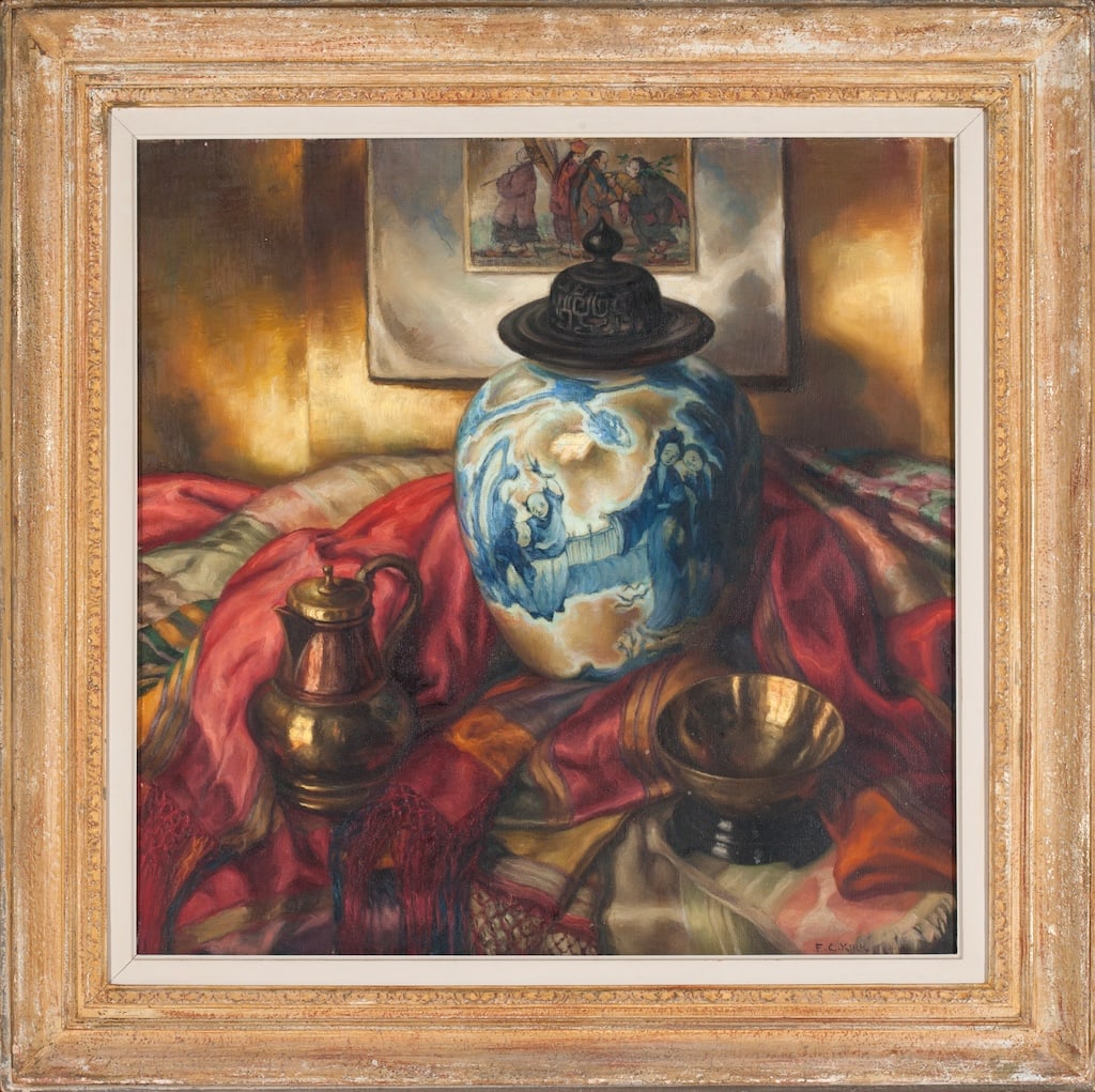 Frank Cohen KIRK, 1889-1963 (Ukraine/USA): Frank Cohen KIRK (1889-1963). China and Brass, mid 20th century. Oil on canvas, size 76 x 76 cm (30 x 30 inches). Frame dimensions 100 x 100 cm (39 1/3 x 39 1/3 inches). Signed lower right. Provenance