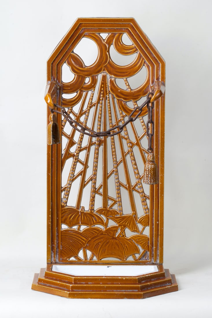 Art Deco Umbrella Stand, early 20th century: Umbrella stand, circa 1920-30s. Art Deco, Europe. Cast iron with enamel. Height 72 cm (28 1/3 inches), width and depth 40 x 20 cm (15 3/4 x 8 inches).